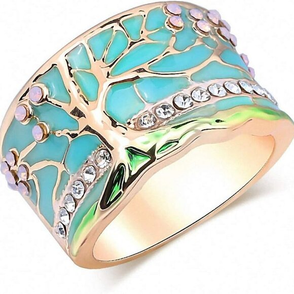 Lucky Flower Tree Rings Gold Pink Opal Green Enamel Wide Ring for Woman Party Cr - Picture 1 of 5